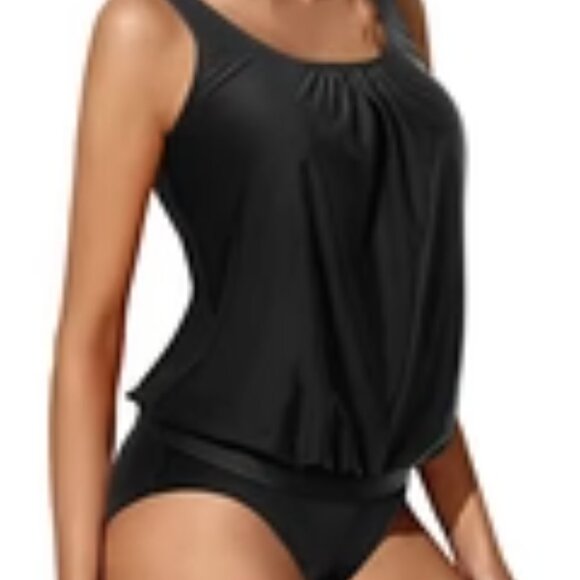 YONIQUE BLACK SCOOP BLOUSON TANKINI TOP & STANDARD RISE SWIM BOTTOM SIZE XXL NWT - Picture 4 of 4